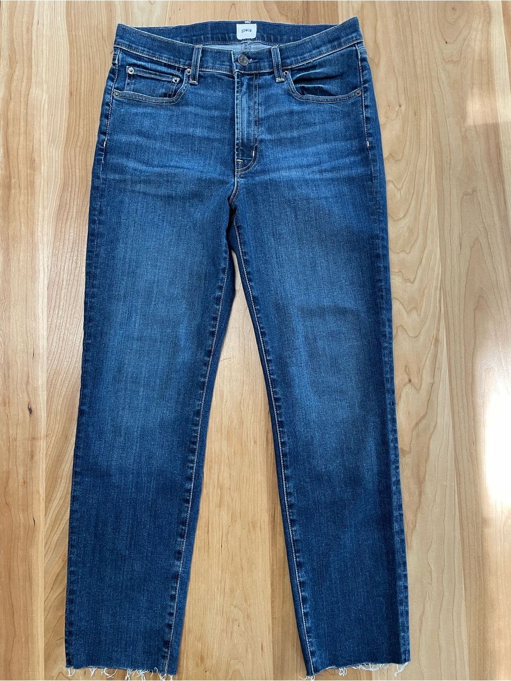 Edwin Women’s 28 Straight Cropped Raw Hem Blue Jeans Stretch Denim Mid Rise